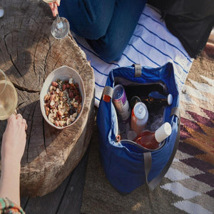 Blue Bellroy cooler bag filled with drinks and ice next to a bowl of nuts on a tree stump