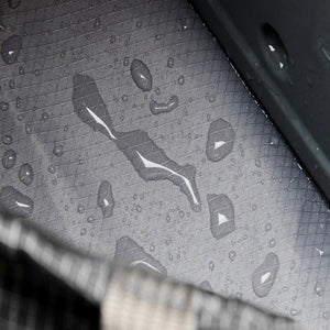 Water droplets on grey diamond pattern fabric of a Bellroy bag