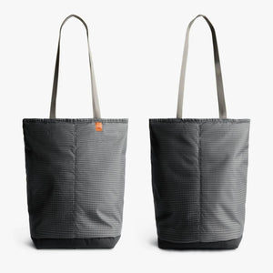 Front and back view of a grey grid pattern Bellroy tote bag with long shoulder straps