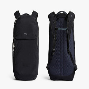 Front and back view of a black Bellroy backpack with mesh back panel