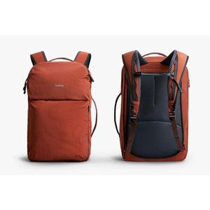 Front and back view of a rust colored Bellroy backpack with padded shoulder straps
