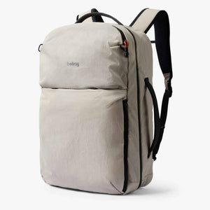 Bellroy beige backpack with black zippers and side handle