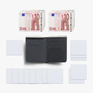 Bellroy open black leather wallet surrounded by stacks of ten euro banknotes and blank white cards