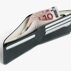 Bellroy leather wallet containing euro banknotes and cards