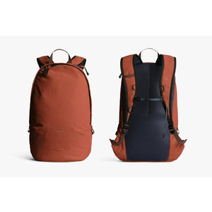 Front and back view of a rust orange Bellroy backpack with mesh back panel
