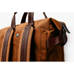 Close up of brown Bellroy bag showing shoulder straps and zipper detail
