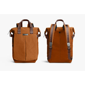 Front and back view of a brown Bellroy roll top backpack