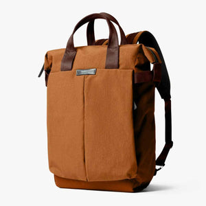 Bellroy brown backpack with top carry handles and shoulder straps