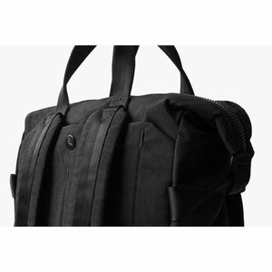 Close up of black Bellroy backpack straps and top handle