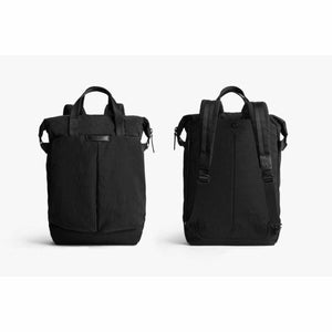 Front and back view of a black Bellroy roll top backpack