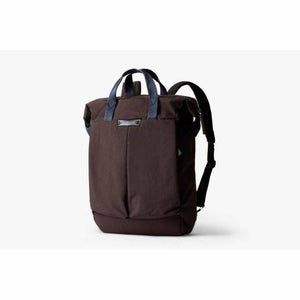 Bellroy brown roll top backpack with dark blue handles