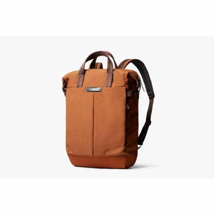 Bellroy copper brown backpack with top carry handles and shoulder straps