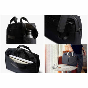 Bellroy black briefcase showing side pocket water bottle storage, shoulder strap, document sleeve, and carry handle