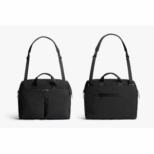Front and back view of a black Bellroy carry bag with shoulder strap and handles