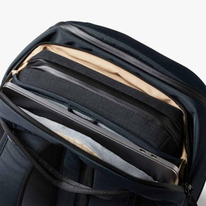 Open Bellroy backpack showing internal laptop sleeve and storage compartment