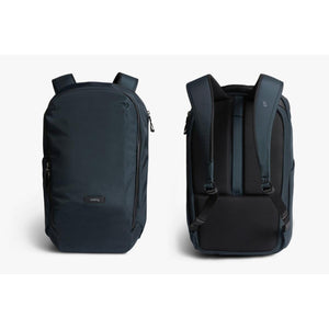 Front and back view of a navy Bellroy backpack
