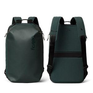 Front and back view of a dark green Bellroy backpack
