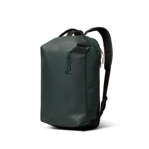 Bellroy dark green backpack with black shoulder straps and side zipper