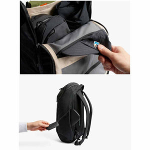 Bellroy backpack showing internal organization and external key leash access
