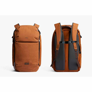 Front and back view of a copper colored Bellroy backpack with padded shoulder straps
