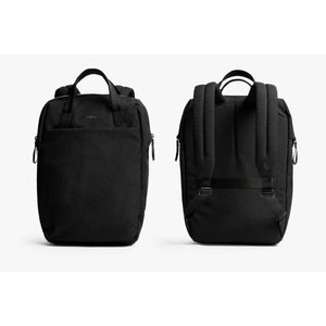 Front and back view of a black Bellroy backpack with padded shoulder straps and top carry handles