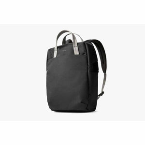 Bellroy black backpack with light grey top handles and shoulder straps