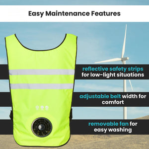 Venture Heat cooling vest showing reflective strips adjustable belt and removable fan