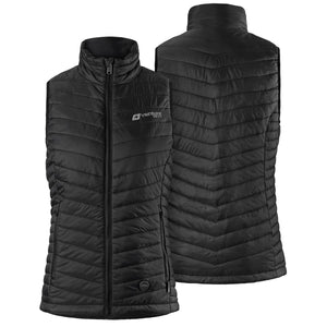 Front and back view of a black Venture Heat quilted vest with a high collar and zippered pockets