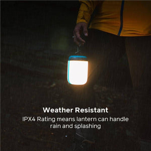 BioLite lantern held in hand during rain showing IPX4 weather resistant rating