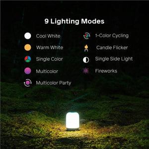 BioLite lantern showing nine lighting modes including cool white warm white single color multicolor and fireworks