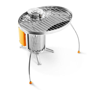 BioLite portable camping grill with metal grate and yellow power pack on white background