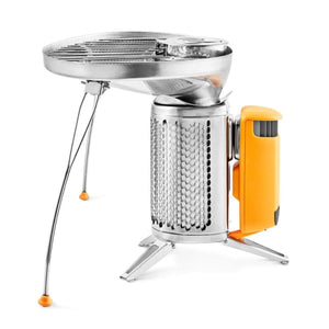 BioLite portable camping stove and grill attachment with metal mesh body and orange power module