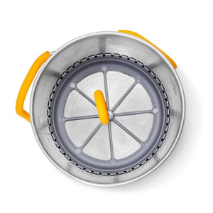 Top view of BioLite stainless steel coffee press with orange handle and grey mesh filter
