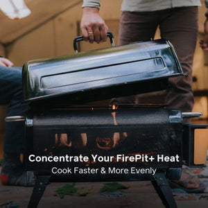 Person placing a lid on a BioLite FirePit+ to concentrate heat for cooking