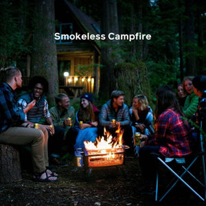 Group of people sitting around a BioLite smokeless campfire in a forest setting