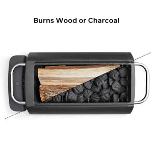 BioLite fire pit showing split view of wood and charcoal fuel