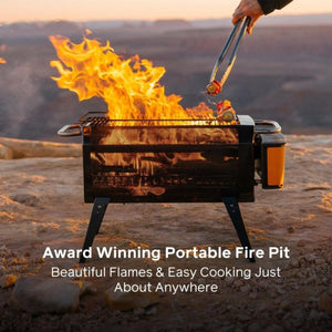 BioLite portable fire pit with flames and tongs grilling food outdoors