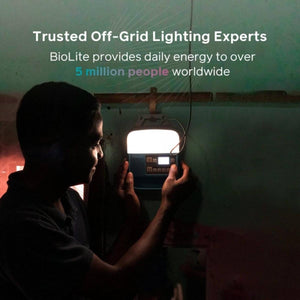 Person using a BioLite off-grid lighting device in a dark room