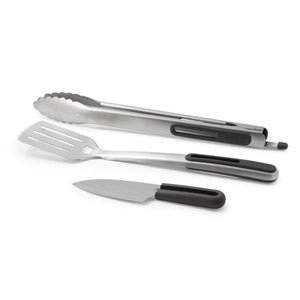 BioLite stainless steel tongs, spatula, and knife set with black handles