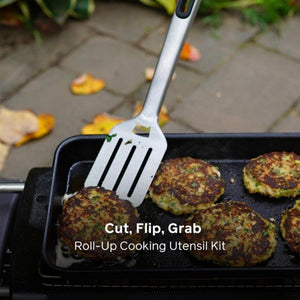 BioLite spatula flipping vegetable patties on a griddle