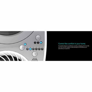 Vornado UH100 humidifier control panel with illuminated settings and text about fan assisted ultrasonic humidification