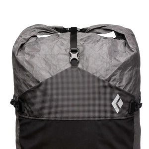 Black Diamond backpack roll top closure with buckle and grid pattern fabric