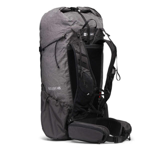 Black Diamond Beta Light 45 backpack in grey showing the back panel and shoulder straps