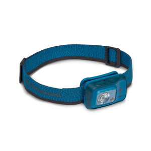 Black Diamond Cosmo-R headlamp with blue patterned elastic strap
