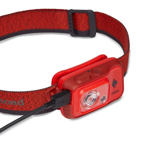 Black Diamond Cosmo-R red headlamp with charging cable attached