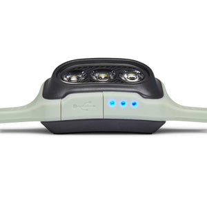 Top view of a headlamp with three LED lenses and three blue battery indicator lights