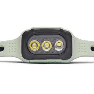Sage green headlamp with three LED lights and adjustable silicone strap
