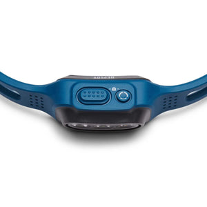 Black Diamond Deploy headlamp showing the charging port and lock button on the blue housing