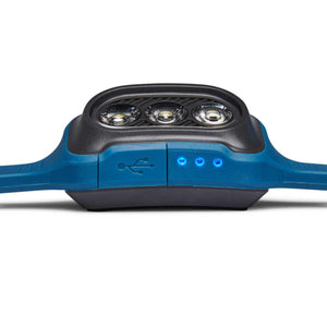 Blue LED headlamp with three front lights and USB charging port