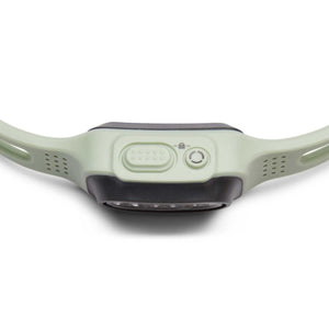 Top view of a sage green headlamp with a power button and lock icon